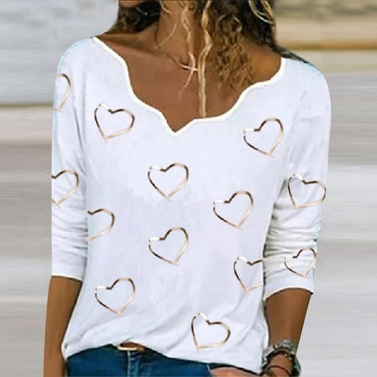 Hearts Print Graphic T Shirts Asymmetrical Neck